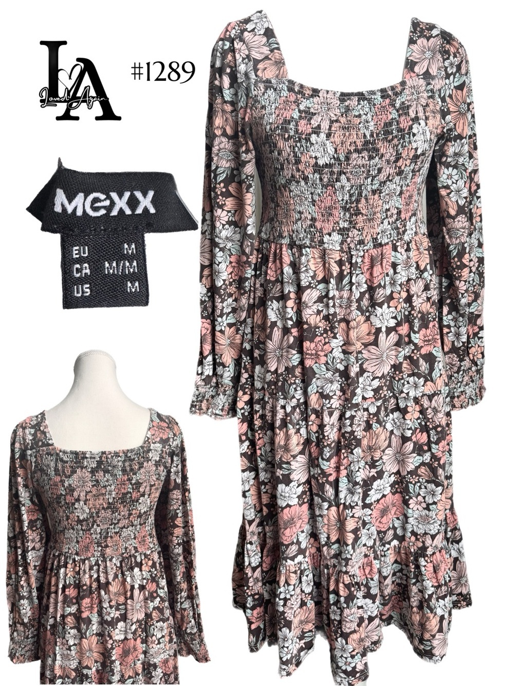 Mexx Floral Smocked Long-Sleeve Dress in Pink and Black